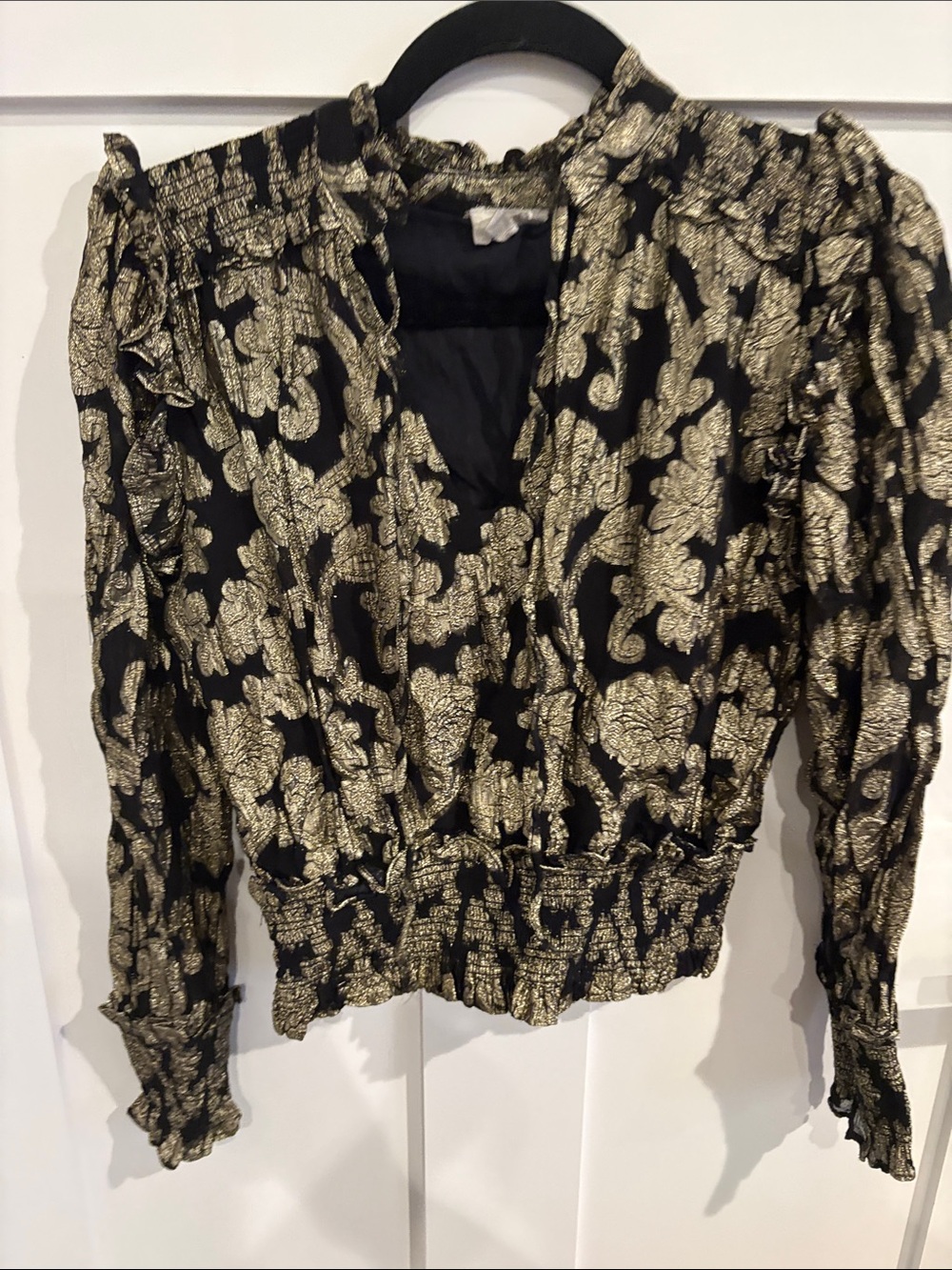 Elan Black & Gold Metallic Floral Smocked Blouse